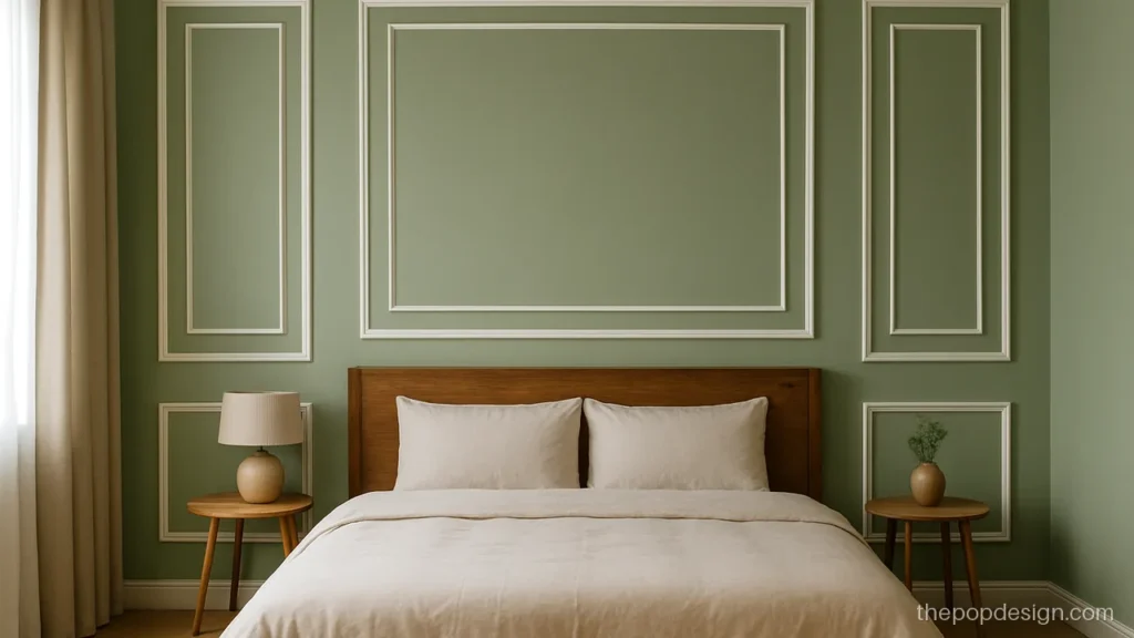 Pop wall frame design behind a bed with two-tone rectangle panels