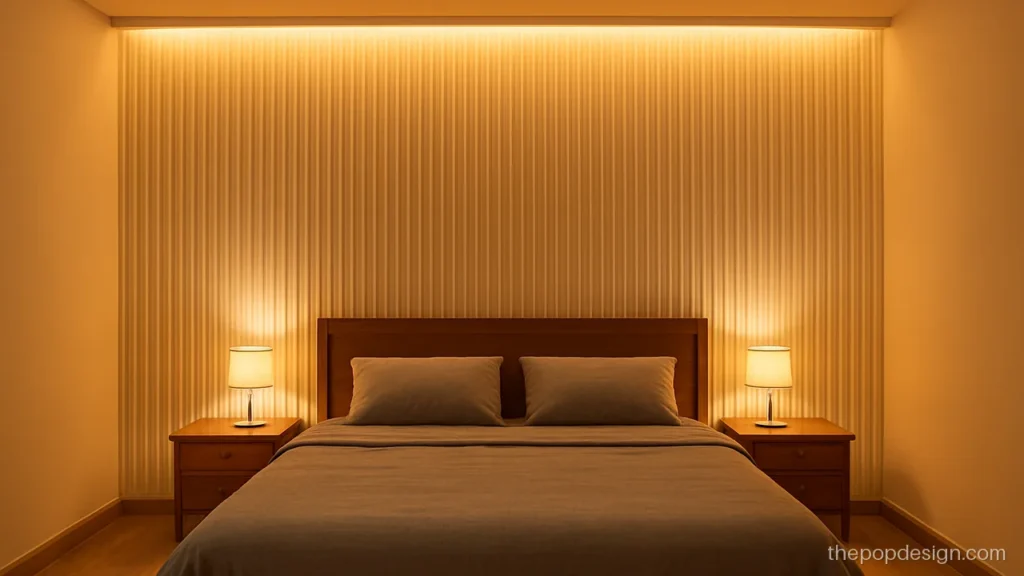 Pop wall panel design behind a bed with vertical grooves and top cove