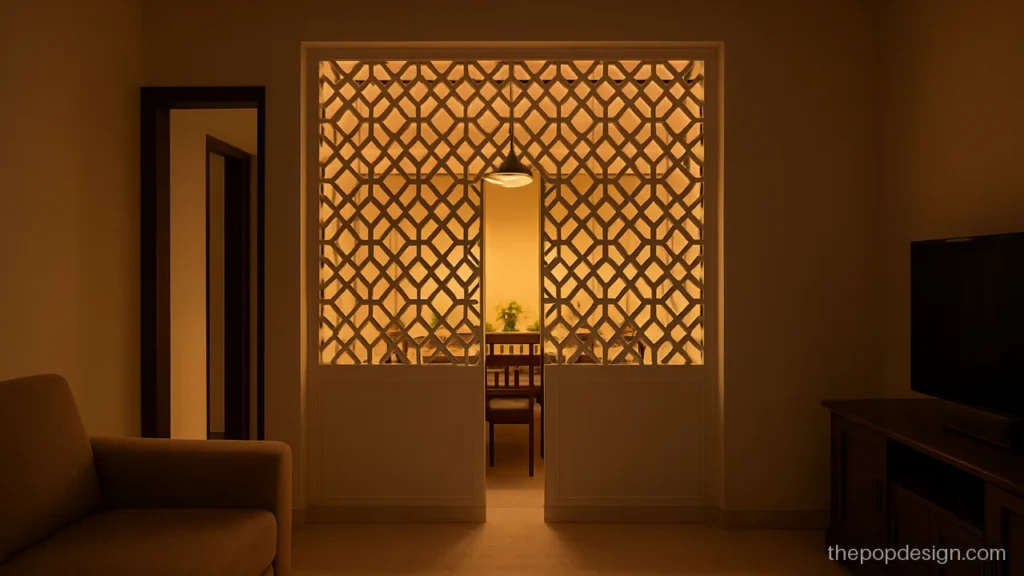 Main hall pop partition wall design with a cut jaali screen