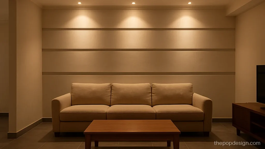 Pop wall design for hall with horizontal bands behind the sofa